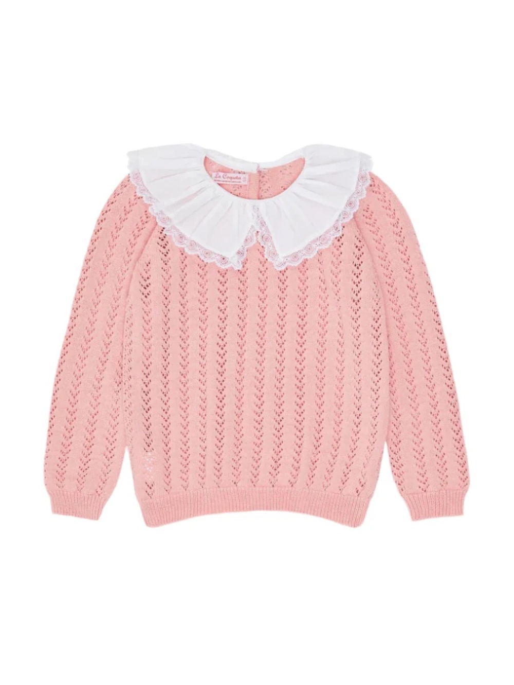 La Coqueta Pink Knit Sweater with Lace Peter Pan Collar